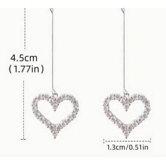 Silver Toned Heart Drop Earrings With Crystal Rhinestones‎ - Picture 3 of 3